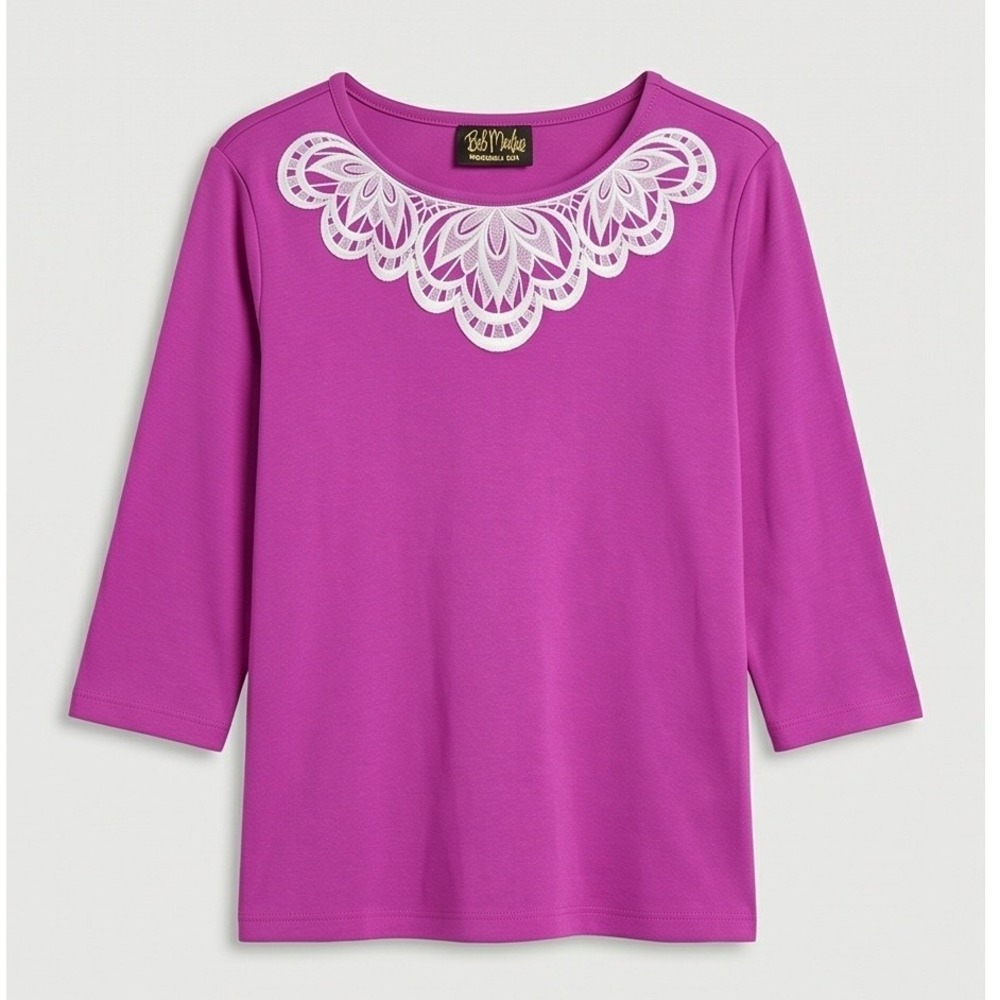 Bob‎ Mackie L Wearable Art Womens Pink Lavender Embroidered Lace Neck Top NWT